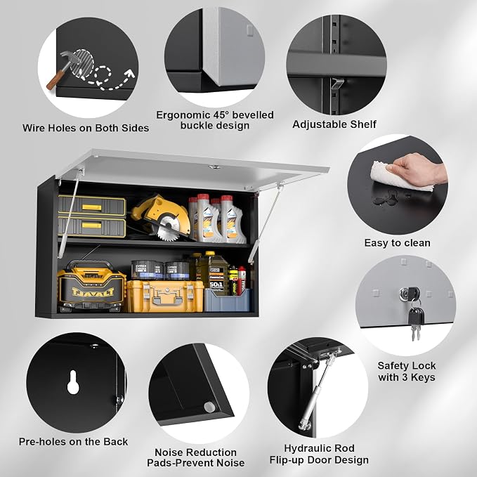 Garage Wall Cabinet, Metal Tool Cabinet with Lock&Adjustable Shelf | 20"H Wall Mounted Garage Storage Cabinets with Up-Flip Door, Steel Float Locker for Basement, Workshop, Kitchen, Black-silver