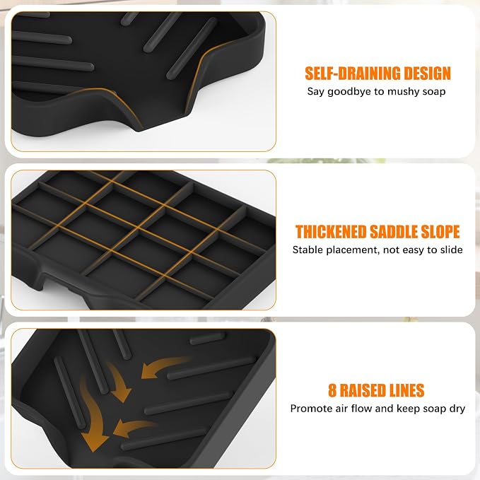 2 Pack Silicone Soap Dish, Self Draining Soap Dish 4.7"×3.9" Black | Non Slip Bar Soap and Sponge Holder for Bathroom Kitchen Sink Counter Organizer Easy to Clean Soap Tray Waterfall Soap Saver