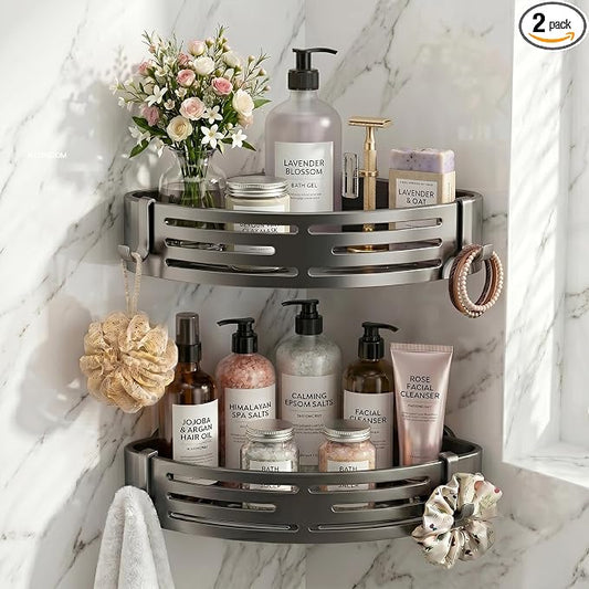 2 PCS Corner Shower Caddy Suction Cup, Rustproof Aluminum Shower Shelves with Hooks, No-Drilling Upgrade Bionic Suction Cup Shower Organizer, Removable Bathroom Storage Corner Shelf(Grey)