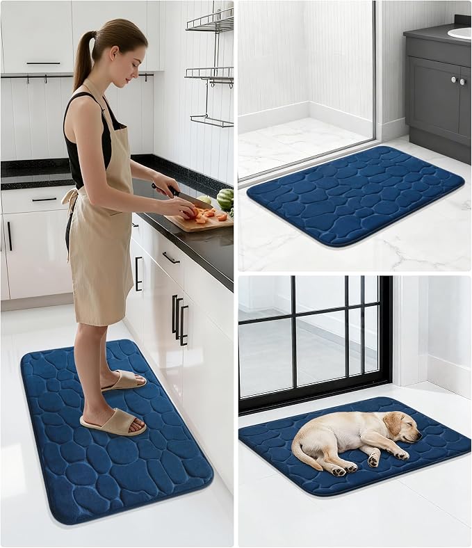 Memory Foam Bath Mat Cobblestone Bathroom Rugs Super Water Absorbent Bath Mats for Bathroom Machine Washable Bath Rugs(17x24,Dark Blue)