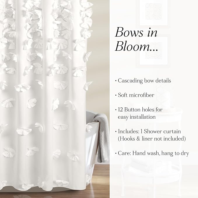Lush Decor Riley Shower Curtain, 72" W x 72" L, White - Bathroom Curtain - Coquette Decor - Bow Shower Curtains - Cottage Core - Fabric Curtains (Pack of 6)