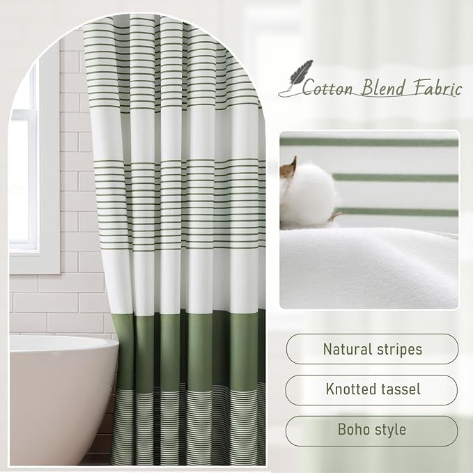 Sage Green Boho Cotton Striped Shower Curtain with Tassel 72"W X 78"L | Long Boho Farmhouse Shower Curtains for Bathroom with Soft Cotton Feel