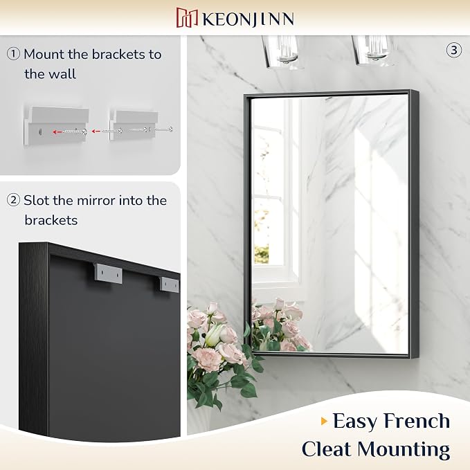 Keonjinn 22x30 Inch Black Bathroom Mirror for Over Sink,HD Tempered Glass | Rectangular, Vanity Mirror, Brushed Framed, Square Corner, Modern Farmhouse, Wall Mounted Mirrors, Aluminum Alloy