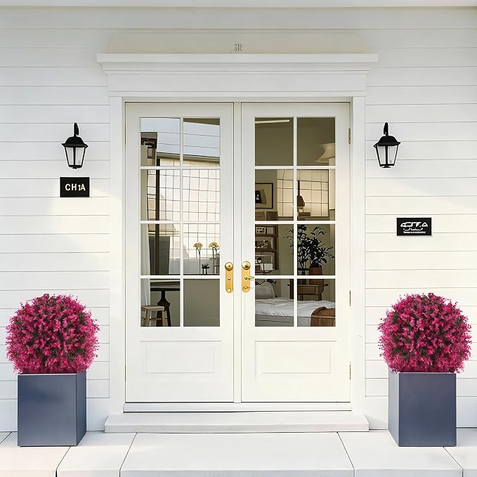 2Pcs Artificial Pink Eucalyptus Topiary Ball Trees,Fake Bushes | Fake Evergreen Plants with Ground Spike,UV Resistant, No Maintenance,Faux boxwood for Outdoor Indoor Front Porch Garden Decor