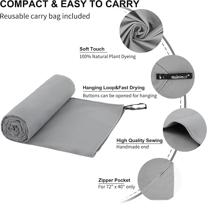 Rainleaf Microfiber Towel Quick Dry Camping & Travel & Gym Towel. Compact | Super Absorbent, Lightweight, Fast Drying. Suitable for Beach, Bath, Backpacking, Hiking, Swim.