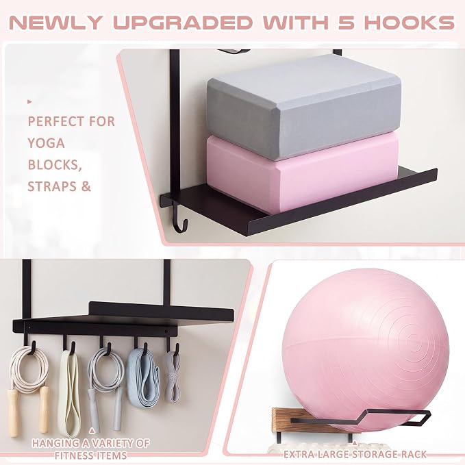 Yoga Mat and Ball Holder Wall Mount, 4-tier Yoga Mat & Ball Storage Rack, Metal Floating Shelf, Home Gym Organizer for Hanging Foam Rollers & Resistance Bands, Wood Color