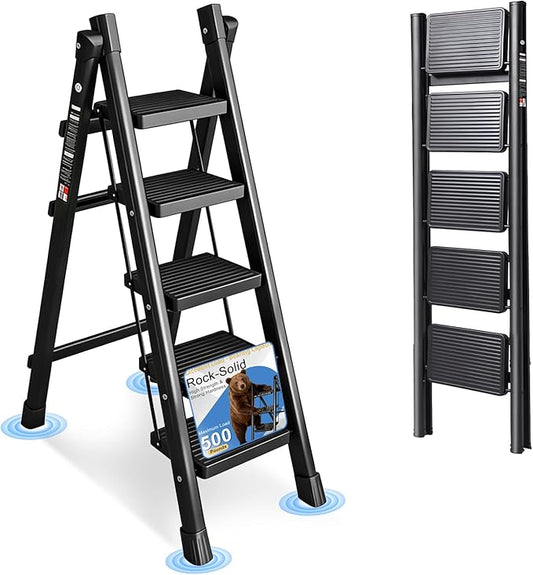 5 Step Ladder Folding Step Stool Sturdy Carbon Steel Frame | 500LBS Capacity Sturdy Anti-Slip Thick Pedal & Feet Portable for Home Kitchen Garage (black-4step)