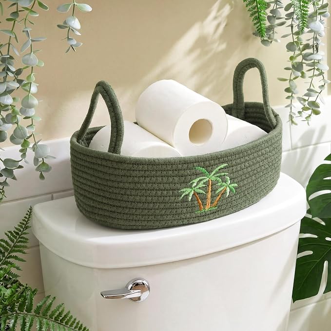 Vesici Coconut Palm Tree Woven Storage Basket Tropical Bathroom Decor | Cotton Rope Organizer for Toilet Paper, Bathroom Countertop Organizer Storage with Handle, Green Palm Decor, 13x6x4 Inch