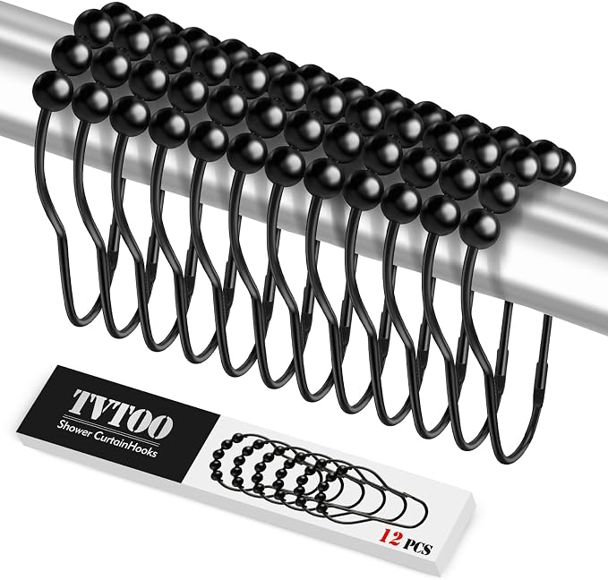 12 PCS Shower Curtain Hooks, Practical Black Shower Curtain Hooks | Metal Shower Hooks for Bathroom Shower Rods, Smooth & Quick Sliding, Secure Snap Closure, Easy Install