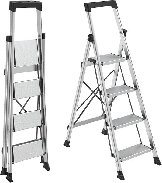 HBTower 4 Step Ladder, Lightweight Aluminum Folding Step Stool | Anti-Slip Wide Pedal, 330lbs Capacity Step Ladder for Household Kitchen Office, Silver