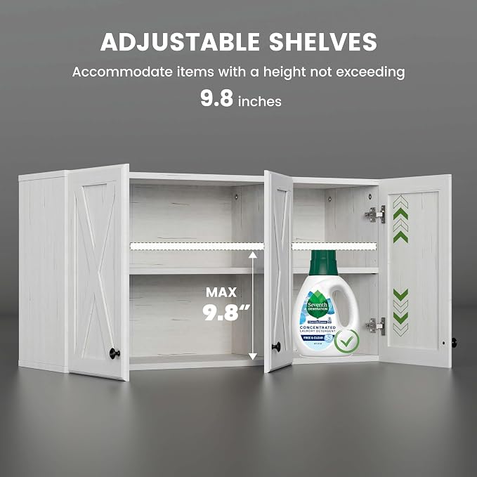 FIMELLO Wall Cabinet, Bathroom Wall Cabinet,Farmhouse Wall Mounted Cabinets for Kitchen Garage Laundry Storage, Medicine Cabinet with 3 Door and Shelves, Laundry Room Wall Cabinets,White Grain
