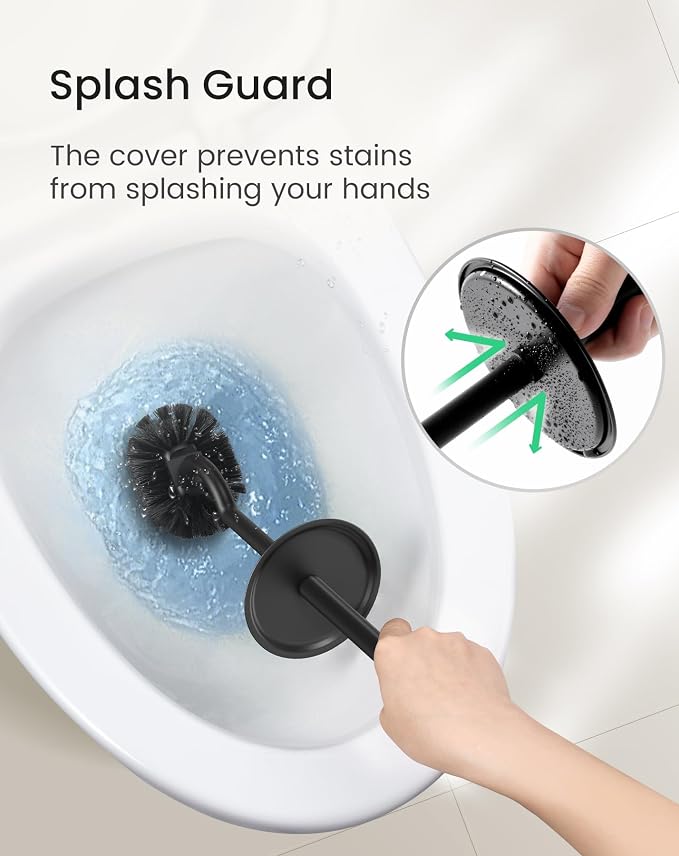 Cesun 304 Stainless Steel Toilet Brush and Holder Set, 2 Brush Heads, Black | S-Shaped Deep Cleaning, Scratch-Free Nylon Bristles, Long Handle & Splash Guard, Replaceable Brush Head