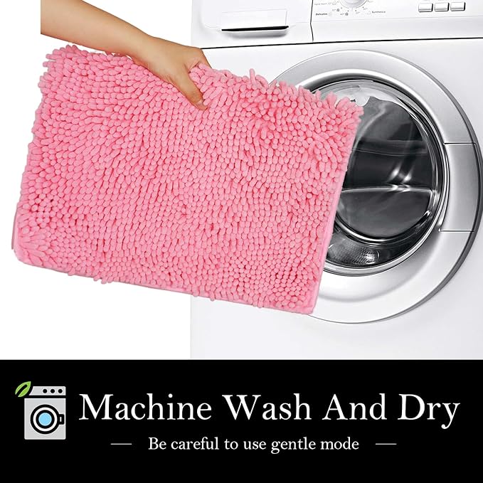Bathroom Rugs Chenille Bath mat 2 Piece Set, Super Absorbent, Strong PVC Non Slip Backing, Bath mats for Bathroom, Plush Shaggy, Thick, Machine Washable, Bathtub, Shower, Toilet.(Pink)
