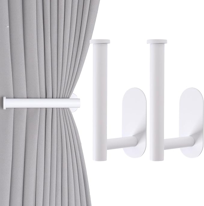 Groleca Adhesive Curtain Holdbacks No Drill Curtain Tiebacks, 2 Pack, White | No Drill, Metal Curtain Tie Backs & Pull Backs, Curtain Holders Hook for Wall, Damage-Free Wall Mounted, Strong Adhesive