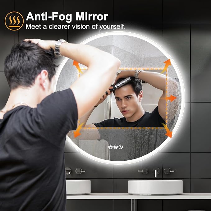 S·BAGNO 40’’ Round Led Bathroom Mirror with Lights, Bluetooth Speaker | Anti-Fog, Dimmable, 3-Color Light, Memory Function, Tempered Glass, IP54 Waterproof Rating, Wall-Mounted Round Led Mirror