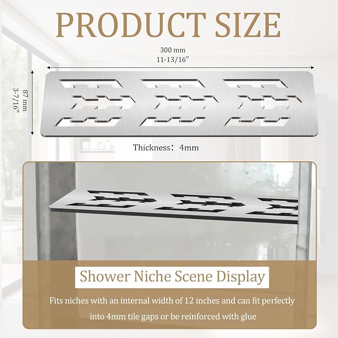 12 Inch Shower Niche Shelf Brushed Anodized Aluminum Finish Tile Insert | Rectangular Shelf For 12 Inch Tile Prefabricated Niches, Fits 1/8 Inch Grout Lines, Shower Niche Insert Brushed Anodized