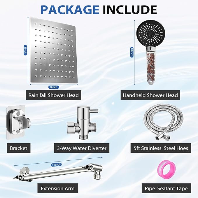 8 Inch Filtered Shower Head,Rain Shower Head with Handheld Spray Combo for Hard Water，Long Shower Hose