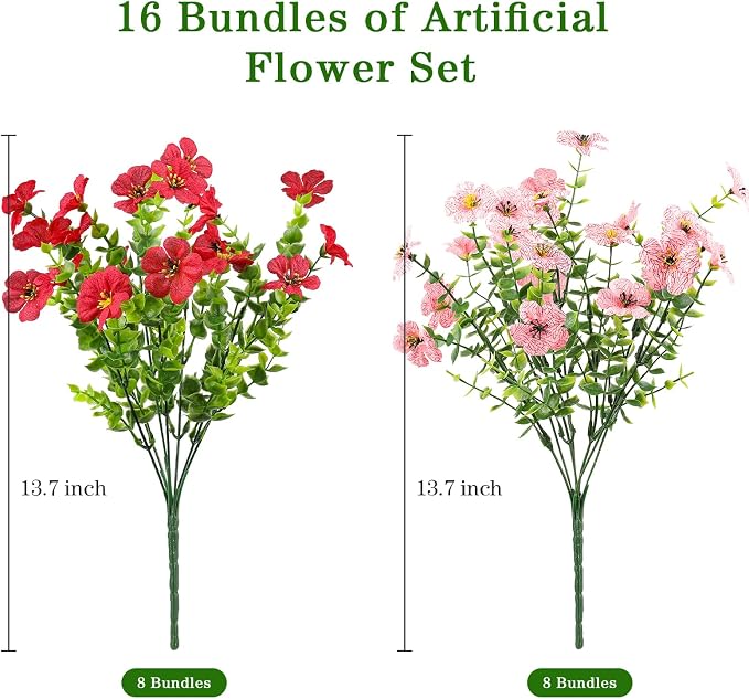 AGIRL Artificial Flowers Outdoor UV Resistant Fake Plant Garden Patio Decor | 16 Bundles,No Fade Plastic Faux Flowers for Hanging Planters front porch yard Indoor Outside,grave decorations for cemetery