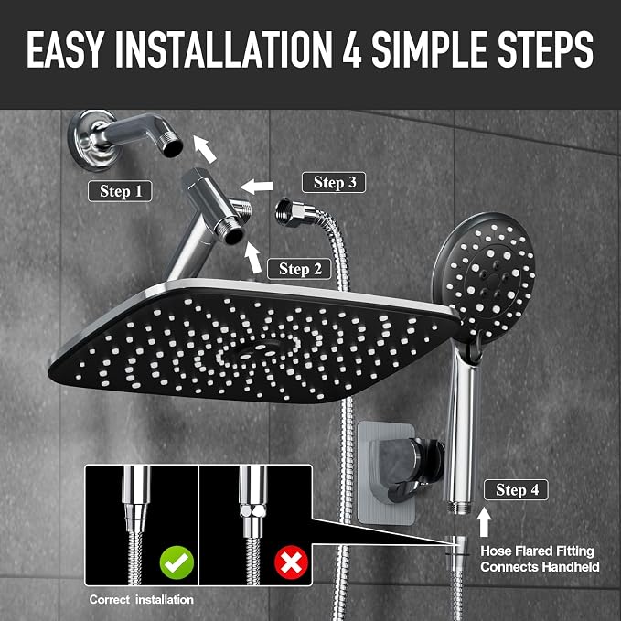 Veken 11.8“ Rain Shower Head with Handheld,Dual High Pressure Shower Heads | 5-mode Hand Held Spray with Hose,Wide Detachable Rainfall,Dual Showerhead Combo,Bathroom Accessories,Easy setup,Chrome Silver