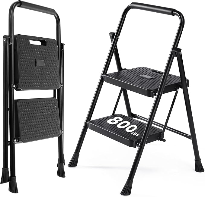 Sweetcrispy 2 Step Ladder, 800lbs Folding Sturdy Step Stool | Portable Stepping Stool with Wide Anti-Silp Pedal & Cushioned Handle, for Home Kitchen and Outdoor - Black