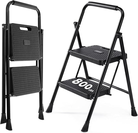 Sweetcrispy 2 Step Ladder, 800lbs Folding Sturdy Step Stool | Portable Stepping Stool with Wide Anti-Silp Pedal & Cushioned Handle, for Home Kitchen and Outdoor - Black