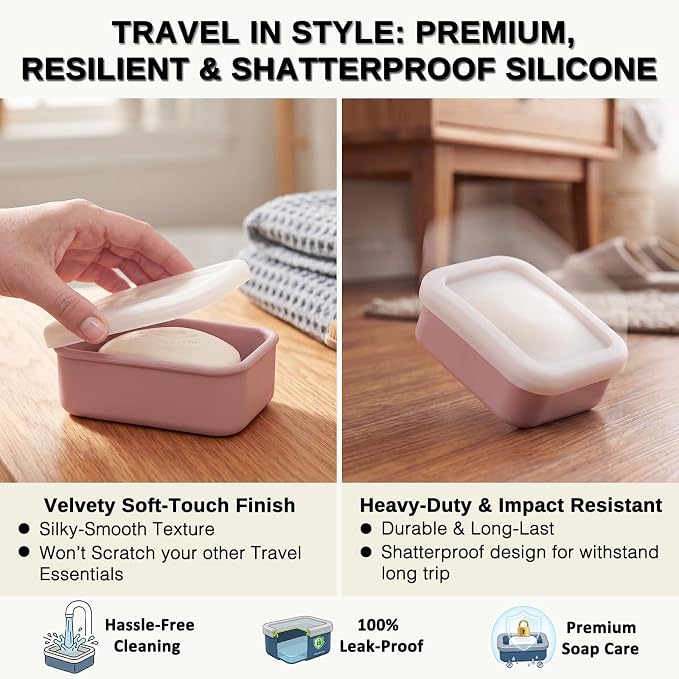 HighHerz Compact Leak Proof Silicone Travel Soap Case with Draining Tray - Portable Bar Soap Container - 2026 Upgrade Travel Essentials for Camping, Gym & Shower (Clear Pink)