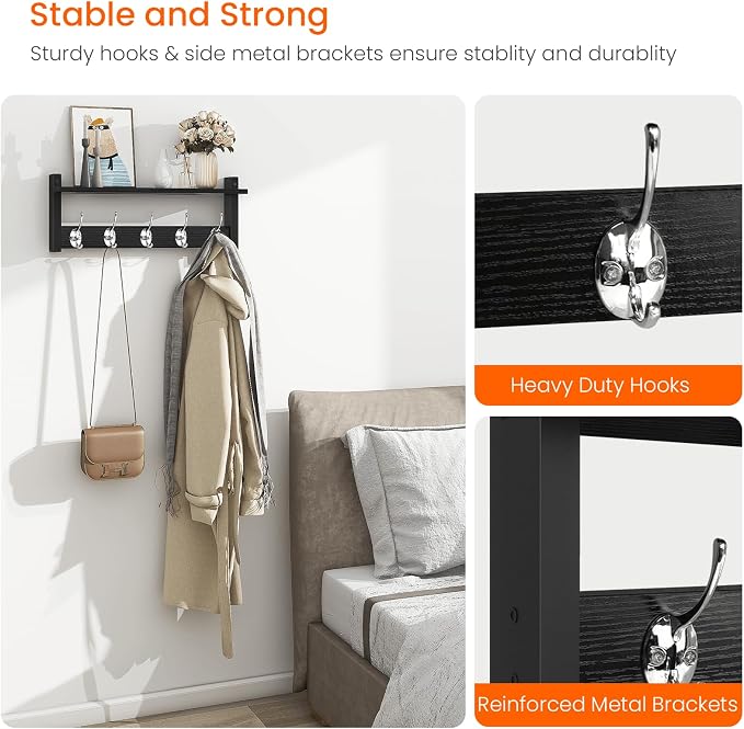 Wall Coat Rack With Shelf, Wood Entryway Hanger With Hooks, Small Floating Pegs for Hanging Coats, Hats, Purses, Backpacks, Black