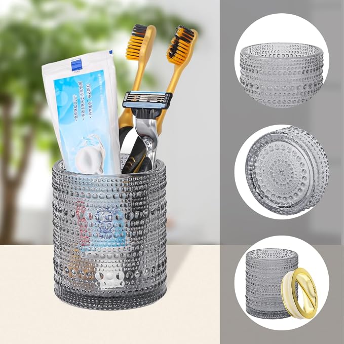Grey Toothbrush Holders, 2pcs Glass Toothbrush Holder Set, 10oz Bathroom Tumbler Cup, Gold Tooth Brush Holder Storage Cup Organizer for Bathroom Accessories, Brushes,Toothpaste,Razor