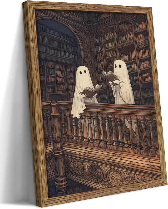 Framed Halloween Ghost Wall Art, Vintage Cute Ghost Reading Canvas Wall Decor Paintings, Dark Academia Book Artwork Poster Print Picture for Library Bedroom Living Room 12x16 Inch