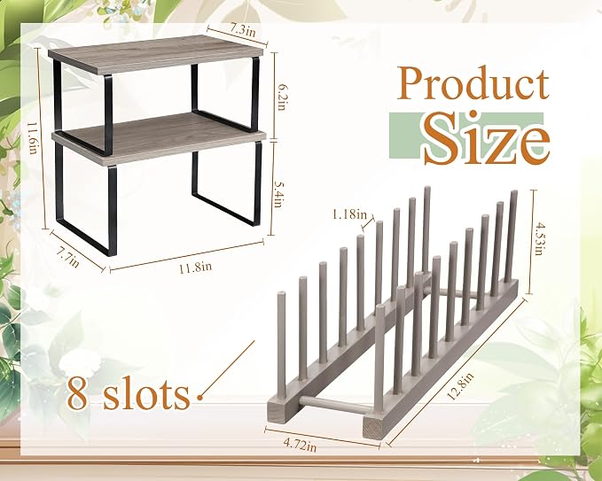 Marsui 4 Pcs Kitchen Organizer Accessories Set for Cabinet,Gray | Cabinet Organizer Shelves, Bamboo Dish Drying Plate Rack, Wooden Counter Storage Holder, for Spice Dish Pot Lid Bowl Cup