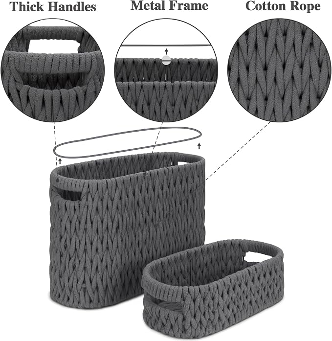 Boho Toilet Paper Storage Baskets, Cotton Rope Woven Bathroom Basket Set of 2, Standing Toilet Paper Holder for 6 Mega Rolls,Storage Bins for Toilet Tank Top, Bathroom Organizer Decor (Gray 2 Pack)