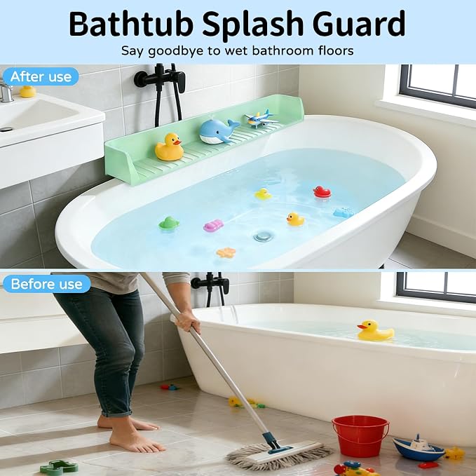 Splash Guard for Bathtub, 31-Inch Silicone Tub Toy Tray for Kids | Bathtub Splash Guard for Kids, Tub Edge Guard with Toy Holder Shelf to Help Reduce Spills and Keep Floors Dry