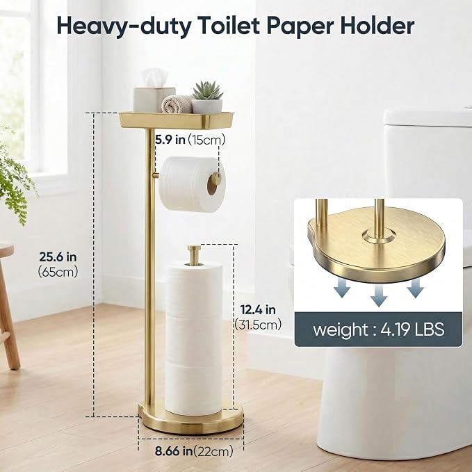 theaoo Toilet Paper Holder Stand with Shelf, Flushable Wipes Dispenser, Free Standing Toilet Tissue Roll Storage Rack Organizer for Bathroom (Gold, Free Standing - with Storage)