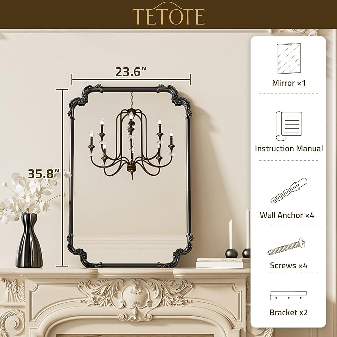 Antique Black Rectangle Mirror for Mantle Fireplace 24 x 36 Baroque Vintage Ornate Scroll Wall Mirror with Metal Frame for Traditional Victorian French Decor, Horizontal/Vertical