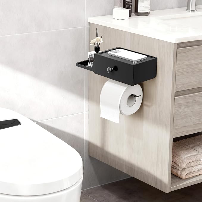 Lifewit Plastic Toilet Paper Holder with Shelf and Drawer, Screw or Adhesive Wall Mount Tissue Roll Storage, Sturdy Bathroom Wipes Dispenser Organizer, Black, 2 Pack