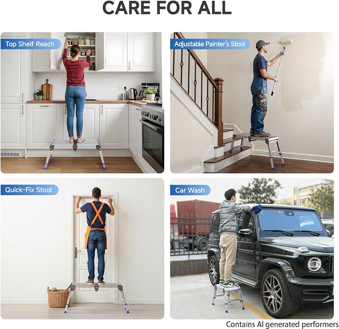 Folding Work Platform for Adults, Portable Aluminum Step Stool 500lb | 13.7"-19.5" Adjustable Height, 11.8" x 32.7" Wide Platform for Garage, Painting, Reach High Shelves, Gardening, Car Wash