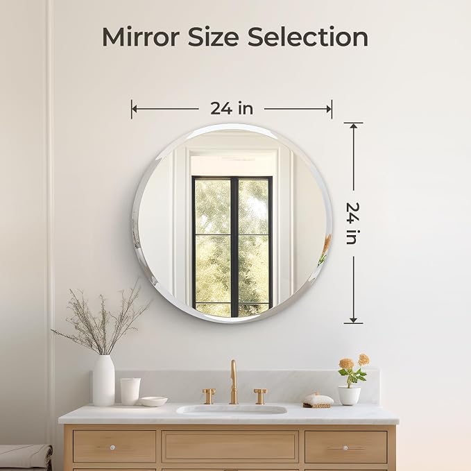 Frameless Round Bathroom Mirror 24" | Circle Vanity Mirror for Wall Decor, with Beveled Edge, for Bathroom, Living Room, Entryway, Modern & Elegant Look