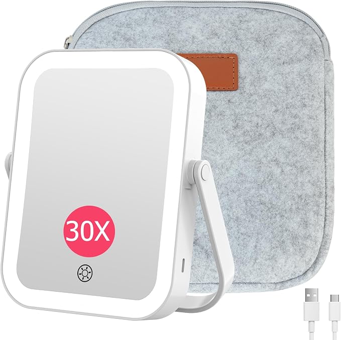 3000mAh Rechargeable Travel Magnifying Mirror with Light, White with Big | 2-Sided 30X Magnifying travel makeup mirror with 3-Color Lighting, Dimmable Touch Screen,Compact Vanity Mirror for Women Gift