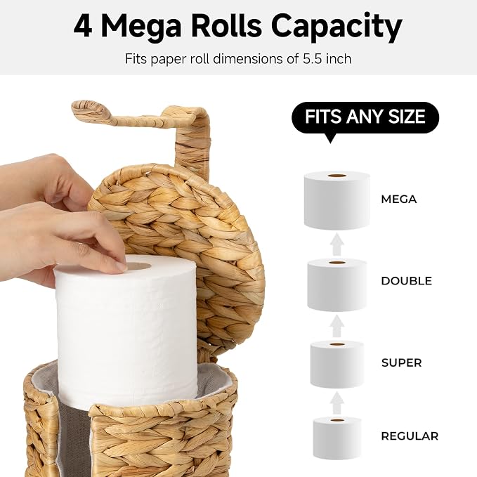 StorageWorks Toilet Paper Holder Stand with Covered, Toilet Paper Stand | Wicker bathroom accessories for 4 Rolls with Cloth Lining, Tissue Holder for Bathroom Decor with Shelf, Water Hyacinth
