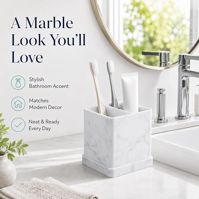 Silicone Toothbrush Holders for Bathrooms with Drainage Tray, White Marble | 3 Slots Unbreakable Countertop Electric Tooth Brush and Toothpaste Holder Organizer Stand, Marble Bathroom Accessories Decor