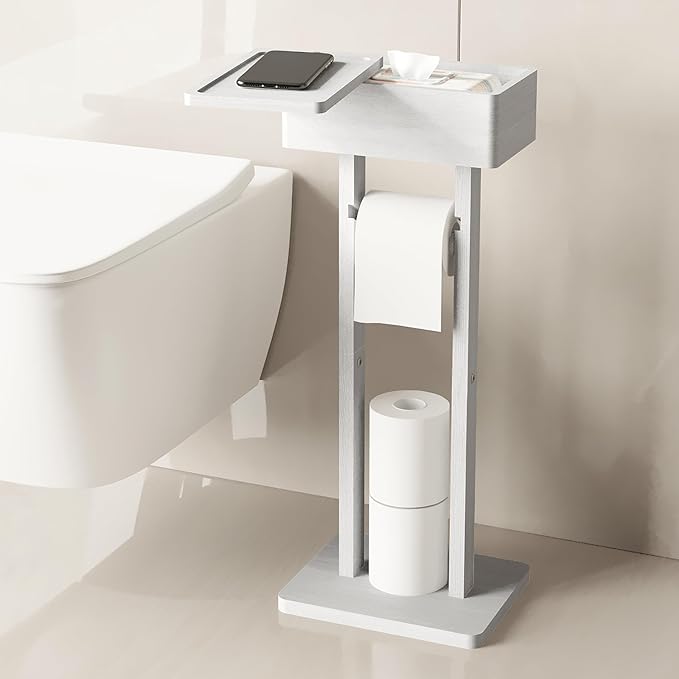 4-in-1 White Toilet Paper Holder Stand with Storage Shelf Box | Bamboo Free Standing Toilet Tissue Roll, Toilet Wipes Dispenser Organizer, Temporary Desktop for Modern Bathroom Organizer