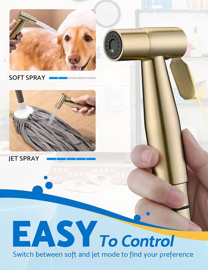 Bidet Sprayer for Toilet, Adjustable Pressure, Gold | Leak-Free Hose, Tank or Wall Mount, Feminine Wash, Cloth Diaper Rinse, Stainless Steel Body, Nozzle, Soft Silicone Nozzle