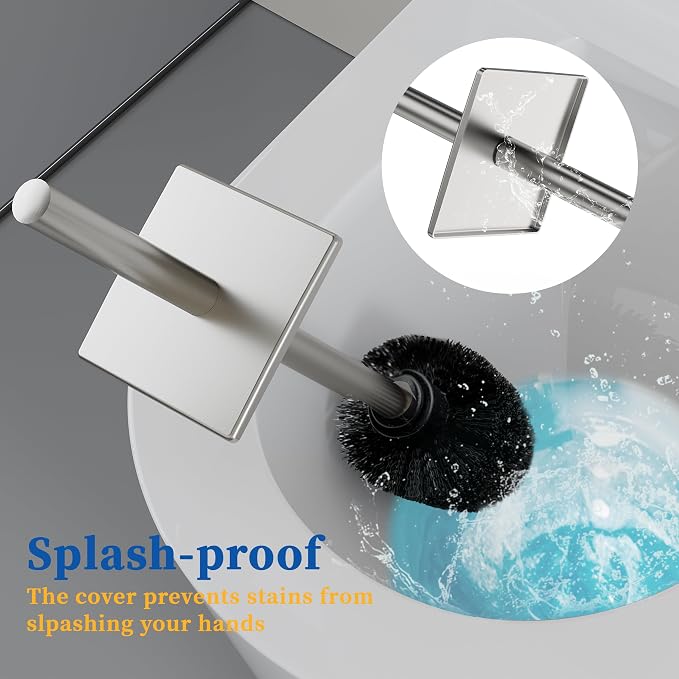 RUACQ Toilet Brush and Holder Set, Square, Brushed Nickel | SUS304 Stainless Steel Handle, Toilet Cleaner Brush with Durable Scrubbing Bristles, Splash-Proof