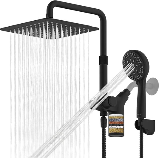 Upgraded Dual Shower Heads Combo, 10 inch Filtered Shower Head with Handheld, 3-Way Rain Shower Head with Filters, 7 Settings Handheld Spray, High Pressure, Height Adjustable (Black)