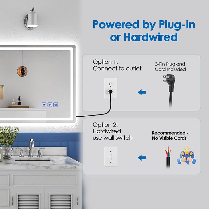 ROVOGO 55"x24" LED Bathroom Mirror with Lights, Fogless, Wall Mounted | Ideal for 60" Vanities, Dimmable Backlit Mirror 3 Color Temperature, Memory Function, Lighted Vanity Wall Mirror Shatterproof
