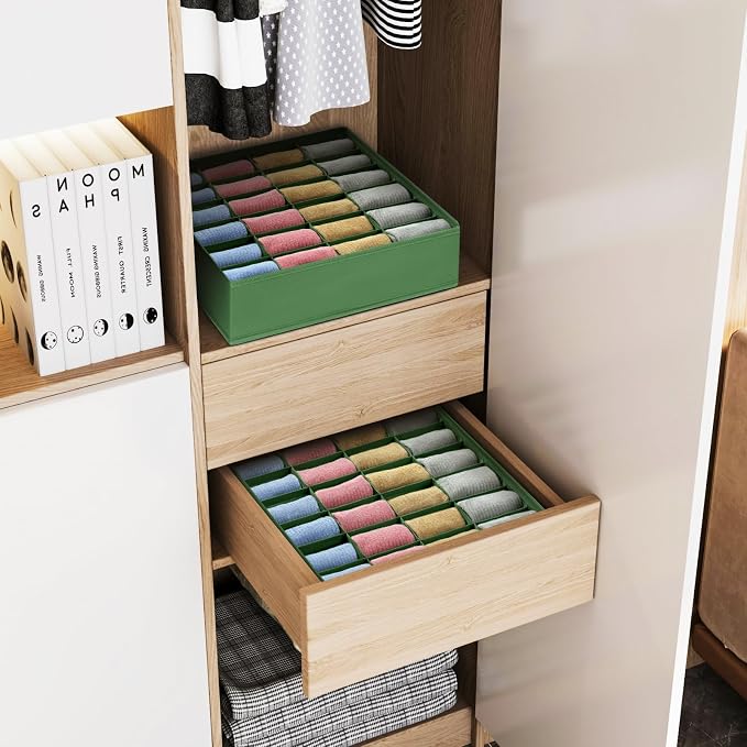 joyoldelf Sock Drawer Organizer Divider 4 Packs Underwear Organizer, 24 Cell Closet Organizers and Storage Organizer Sock Holders Organizers for Storing Socks, Handkerchiefs, Ties, Belts (Green)