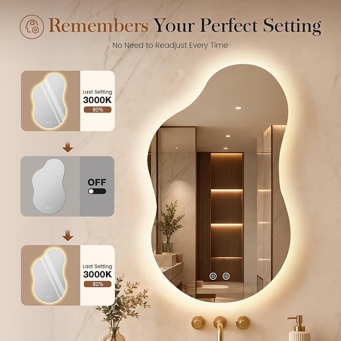 40''x24'' Lighted Mirrors for Bathroom Wall Backlit, Cloud LED Bathroom Mirror Frameless with Lights Anti Fog, Dimmable, 3 Colors,Tempered Glass, Shatter-Proof