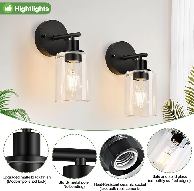 Zarbitta Set of 2 Wall Sconces for Bathroom,Black Modern Vanity Lights with Clear Glass Shade,Bathroom Wall Lamp for Mirror Kitchen Living Room Hallway Cabinet Porch