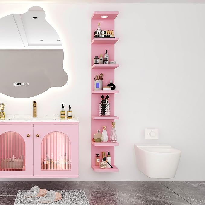 LitaEther Versatile 7 Tier Wall Shelf Unit,Pink Lack Wall Shelf,Display Floating Shelf with LED Remote Control Light