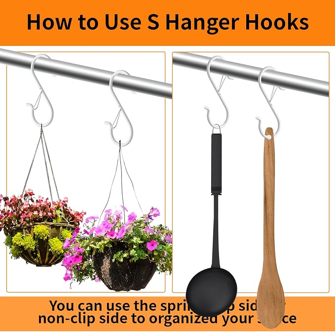 12 Pack 5 Inch S Hooks for Hanging, Heavy Duty S Hooks with Safety Buckle | Metal S Shaped Hanger Hooks for Hanging Kitchen Utensil, Cups Pots Pan Closet Plants Purse Bags Hats (White)